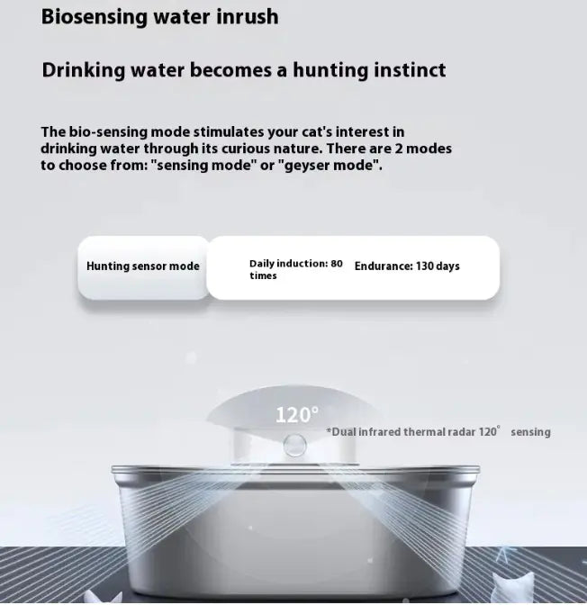 Stainless steel cat water fountain, side view