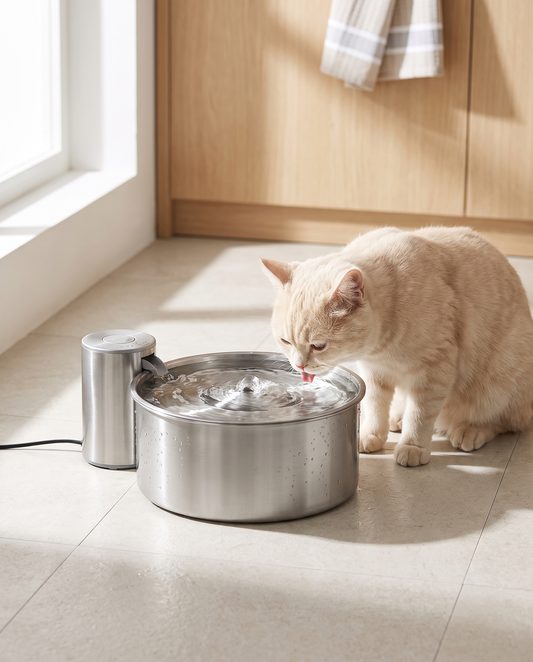 Stainless steel cat water fountain in a kitchen