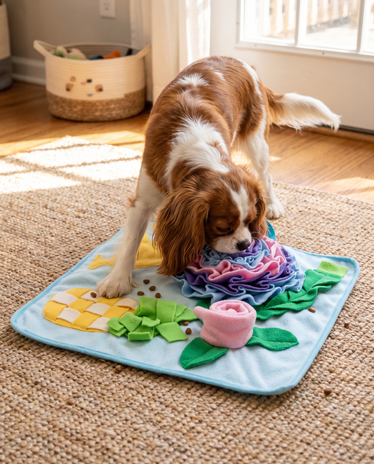 Dog nose-deep in an interactive snuffle mat in a sunlit living room