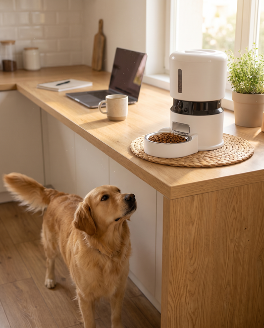 Smart pet feeder with HD camera in a kitchen